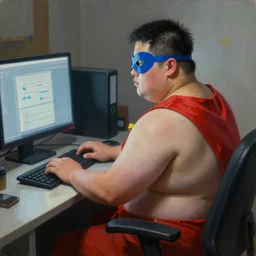 an insanely detailed painting of a chubby nerdy asian man wearing a homemade superhero costume and mask, sitting at a computer desk typing on the keyboard, in the style of peter mohrbacher, dramatic lighting and composition, trending on artstation, concept art, comic book, graphic novel, back view