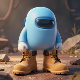 hyperrealistic among us crewmate with timberlands on his feet, close up, volumetric lighting