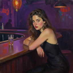 a girl leaning against the counter in a night club staring at the camera, oil painting by Jason Shawn Alexander