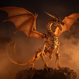 skeleton of a dragon at night, 4 k, photorealistic, orange light, volumetric, foggy