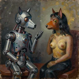 Oil painting by Rufino Tamayo. Two mechanical gods with animal faces having a conversation. Oil painting by Lisa Yuskavage.