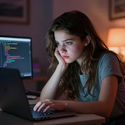 a cute girl that codes frantically in front of a laptop, cinematic and dramatic, 8 k, crisp lines, sharp edges, vibrant colors by artgerm, cushart krenz, greg rutkowski, mucha and norman rockwell