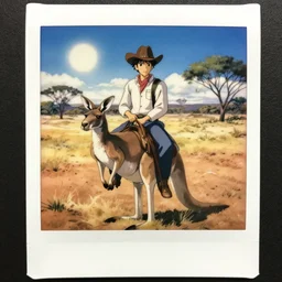 a polaroid film still portrait of a cowboy riding kangaroo, finely detailed features, perfect art, in australia desert, water, sun, gapmoe yandere, trending on pixiv fanbox, painted by greg rutkowski makoto shinkai takashi takeuchi studio ghibli, akihiko yoshida