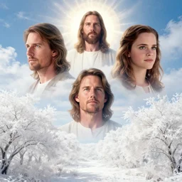 a fantasy landscape with white beautiful trees and jesus in heaven, perfect faces, jesus, jesus, tom cruise, emma watson, jesus