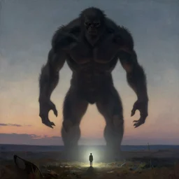 tall terrifying humanoid beast looming over a tiny human in a surreal landscape at dusk, agostino arrivabene