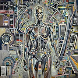 Jessica Biel as the Terminator, arriving via time displacememt in 1984 Los Angeles at night, subject framed at bottom center, oil on canvas by Simon Bisley and John Berkey