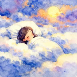 sweet dreams in the cloud lands. watercolor, vibrant palette, impressionism, romaticism.