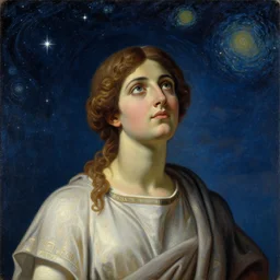 painting of hypatia of alexandria, beautiful olive - skinned curly - haired woman, looking in awe at the night sky full of stars