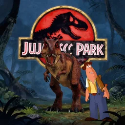 Film screenshot of the original Jurassic Park movie by Disney Animation Studios, 1994, cel shading, by Andy Gaskill and Rob Minkoff and Walt Disney.