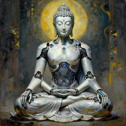 full character of an futuristic cyborg buddha, meditating in the lotus position, character design, painting by gaston bussiere, katsuya terada, nc wyeth, greg rutkowski, craig mullins, vermeer, frank frazetta, mucha, tom of finland, trending on artstation, jeffery catherine jones
