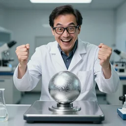 crazy scientist beeing happy that is sputtered silver membrane weights enough, photorealistic
