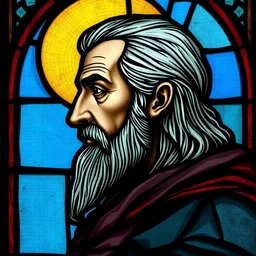 side - view portrait of geralt of rivia, in the style of 1 5 th century stained glass window, christian art, masterful
