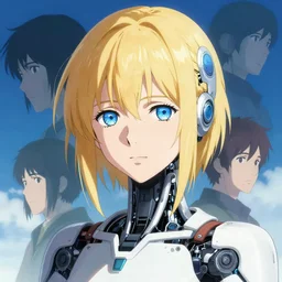 portrait of a blonde woman with blue eyes as a robot, cybernetic enhancements, art by makoto shinkai and alan bean, yukito kishiro