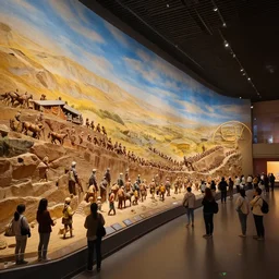 megalophobia!!!!! photo of an exhibit museum room, people looking at a huge tri - dimensional diorama depicting the full history of humanity, national art museum, scientific, ethereal, rule of thirds, golden ratio