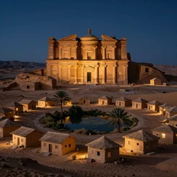 Desert City, Small houses, large temples, a small oasis, a small palm trees; night; Distal art