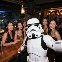 storm trooper taking a selfie with a group of girls at a bar in bangkok thailand at night