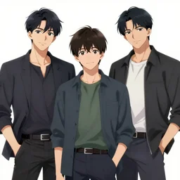 three male anime characters posing for a portrait, by jamie hewlett and timothy kong, trending on artstation