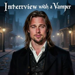 alternate cover art for the movie interview with a vampire starring a long haired brunette brad pitt as louis de pointe du lac portrait, face centered, schmuck, regal, confident, unused design, night time, fog, colonial era street, volumetric lighting, realistic illustration, perfectly shaded, soft painting, art by krenz cushart and wenjun lin