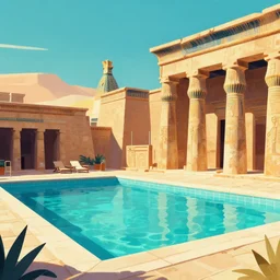 a pool and ancient egyptian structure, epic retrowave art, trending on art station
