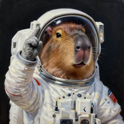 a beautifully detailed and charming portrait of a happy capybara astronaut in a spacesuit saluting, super cute, new modern, pop surrealism, oil painting, by eugene de blaas