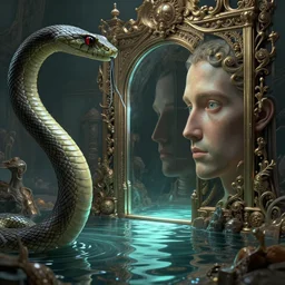 hyperreal ultra detailed hypnagogic recollections from the waters of the unconscious. a 3 d psychopomp watching on. a snake's head, a man's face, a mirror, a doorway threshold, smooth, sharp focus, global illumination, ornate, art by shaun tan and daniel merriam and dan mumford octane render