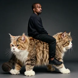 Kanye West riding on the back of a giant cat