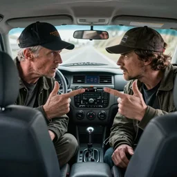a stunning ultra detailed fine art photo of two thieves arguing in a car, by tom bagshaw, artgerm and natalie shau, artstation, 8 k, deep depth of field, highly coherent, front facing