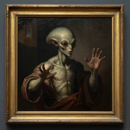 an alien reaching through a framed painting, pulp sci - fi art. baroque period, oil on canvas. renaissance masterpiece