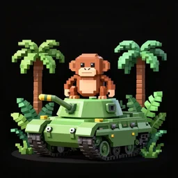 ape on tank in jungles, 3 d pixel art, black background