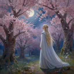a beautiful painting of galadriel watching a cherry blossom forest, volumetric lighting, moonlit by greg rutkowski and kalin popov, trending on artstation, masterpiece,