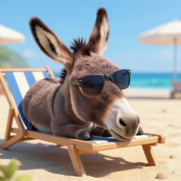 a donkey wearing cool sunglasses is lying on a beach sunbed, digital art, amazing detail