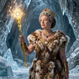 Queen Victoria wearing a fur barbarian tunic holding a glowing golden magical wand with electrical bolts emitting from it. In a cave made of ice. Trending on Artstation, octane render, ultra detailed, art by Ross tran