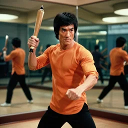 bruce lee holding his nunchucks in a hall of mirrors, hyperreal, in the style of enter the dragon