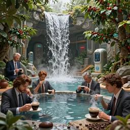 an intricate detail of a coffee world with tired corporate people holding a cup of coffee, coffee waterfalls and hot spring coffee and coffee trees, futuristic technology, highly detailed, cinematic lighting, volumetric lighting,  Artstation, concept art, hyper realistic, cgsociety