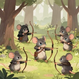 dungeons and dragons fantasy painting, mice archers, longbows, hooded oaks, whimsical and cute, determined expressions, watery eyes, anime inspired by krenz cushart, light grey fur, tufty whiskers, feathered arrows, bamboo forest, dawn lighting, by brian froud jessica rossier and greg rutkowski