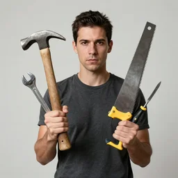 a young man, kali, one hand holding a hammer, hand holding a spanner, hand holding a saw, hand holding a screwdriver, hand holding a knife, by beeple