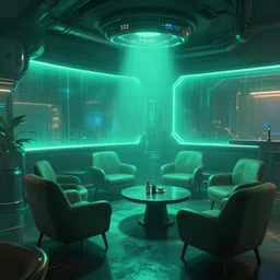 concept art of cyberpunk 2 0 7 7 lounge environment, few chairs, neon, by marta leydy, highly detailed, 8 k, hdr, studio, matte painting, digital illustration, artstation, turquoise - green soft glowing volumetric light