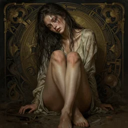 dirty florida woman with a tired face and eyes, long greasy hair, wearing a dirty shirt, long legs, fantasy, intricate, full body shot, sexy, highly detailed, digital painting, artstation, concept art, wallpaper, smooth, sharp focus, realistic photo by artgerm and greg rutkowski and alphonse mucha