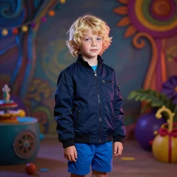 colorful and festive captivating young boy with wavy blonde hair, navy blue jacket and blue shorts. rich vivid colors, ambient lighting, dynamic lighting, 4 k, atmospheric lighting, painted, intricate, highly detailed by charlie bowater