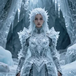 full shot of a regal brown woman wearing an intricate armor made of many layers of ice. no makeup!! stalactite hair. water dripping. freckles!! haunting eyes. elaborate. ice caves. glaciers. refracted light. delicate. translucent. by ray cesar. by louise dahl - wolfe. by andrea kowch. surreal photography.