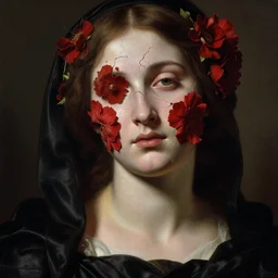 hyperrealism close - up mythological portrait of an exquisite medieval woman's shattered face partially made of scarlet flowers in style of classicism, wearing black silk robe, dark palette