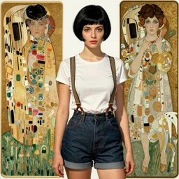 a woman with black hair pixie cut in shorts with suspenders drawn by kuvshinov ilya, norman rockwell, frank frazetta, peter paul rubens, alphonse mucha, gustav klimt 4k, unreal 5, DAZ, french noveau, trending on artstation, octane render, hyperrealistic