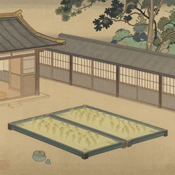 ukiyo - e painting of a japanese rice padding, feudal japan architecture, traditional art, brushwork