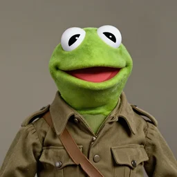 grainy 1940’s WWII military portrait of an anthropomorphic frog dressed like a soldier, professional portrait HD, frog, frog head, authentic, Kermit, muppet
