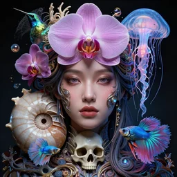 goddess close-up portrait. colibri orchid jellyfish phoenix head, nautilus, skull, betta fish, bioluminiscent creatures, intricate artwork by Tooth Wu and wlop and beeple. octane render, trending on artstation, greg rutkowski very coherent symmetrical artwork. cinematic, hyper realism, high detail, octane render, 8k
