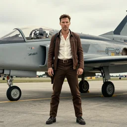 portait of benedict cumberbatch as indiana jones in top gun, standing in front of fighter plane, wide shot