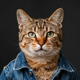 full head photo portrait of a cute havana brown cat made with jeans jacket, medium shot, super realistic, crisp details, sharp, detailed, hyperealist, intricate, volumetric lights, cinematic, photorealism, shot with hasselblad camera, octane render