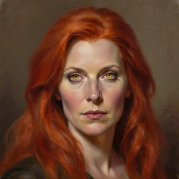 a detailed matte head - on portrait painting of an middle - aged tiefling noblewoman with golden eyes and short long flowing red hair, by charlie bowater, lise deharme, wlop, tending on arstation, dungeons and dragon, dnd, pathfinder, fanart, oil on canvas