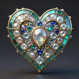 steampunk shyny pearled centered symmetrical heart with multicolored gems, glass, ice. by casey baugh, by rembrandt, mandelbulb 3 d, turquoise rust, stained glass
