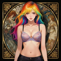 full body portrait, a beautiful symmetrical anime young woman, gorgeous torso, pushup bras, rainbow hair, attractive, casual, modern, victoria's secret, highly detailed, digital painting, artstation, concept art, smooth, sharp focus, illustration, art by artgerm, greg rutkowski and alphonse mucha, 8 k,